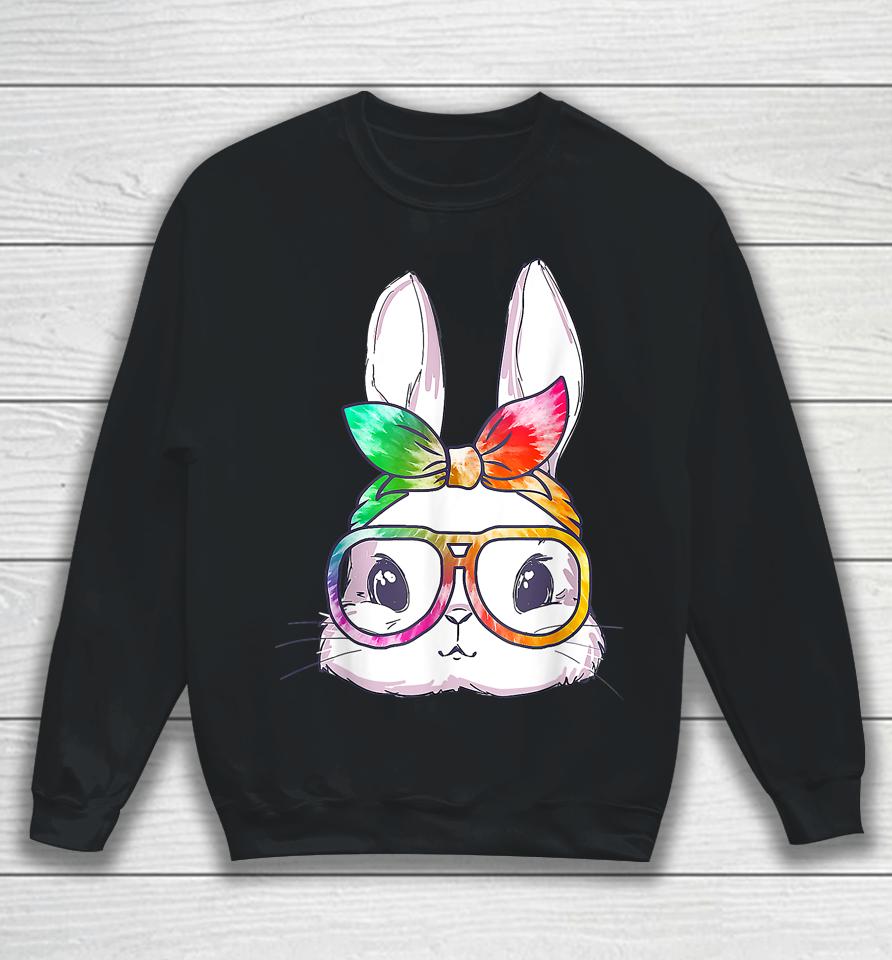 Tie Dye Cute Bunny Rabbit Face Glasses Girl Happy Easter Day Sweatshirt