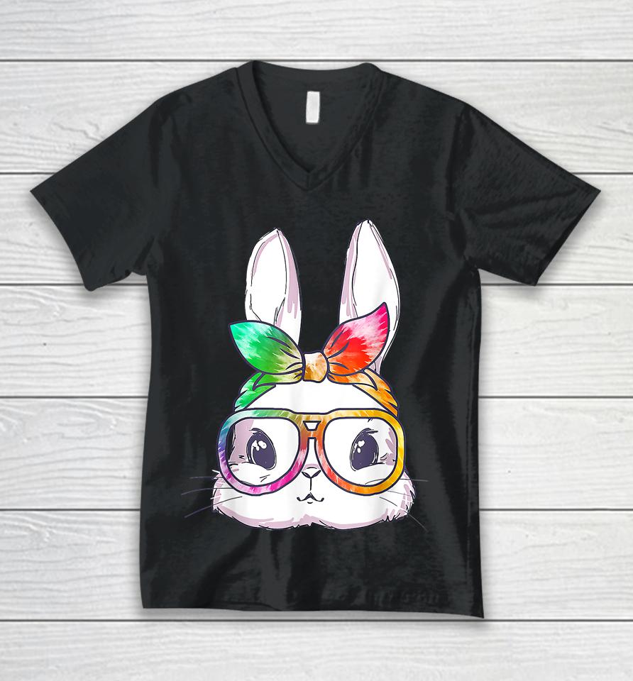 Tie Dye Cute Bunny Rabbit Face Glasses Girl Happy Easter Day Unisex V-Neck T-Shirt