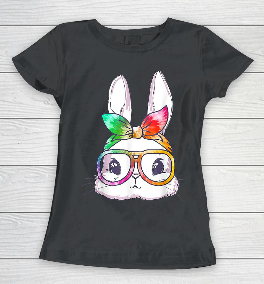 Tie Dye Cute Bunny Rabbit Face Glasses Girl Happy Easter Day Women T-Shirt