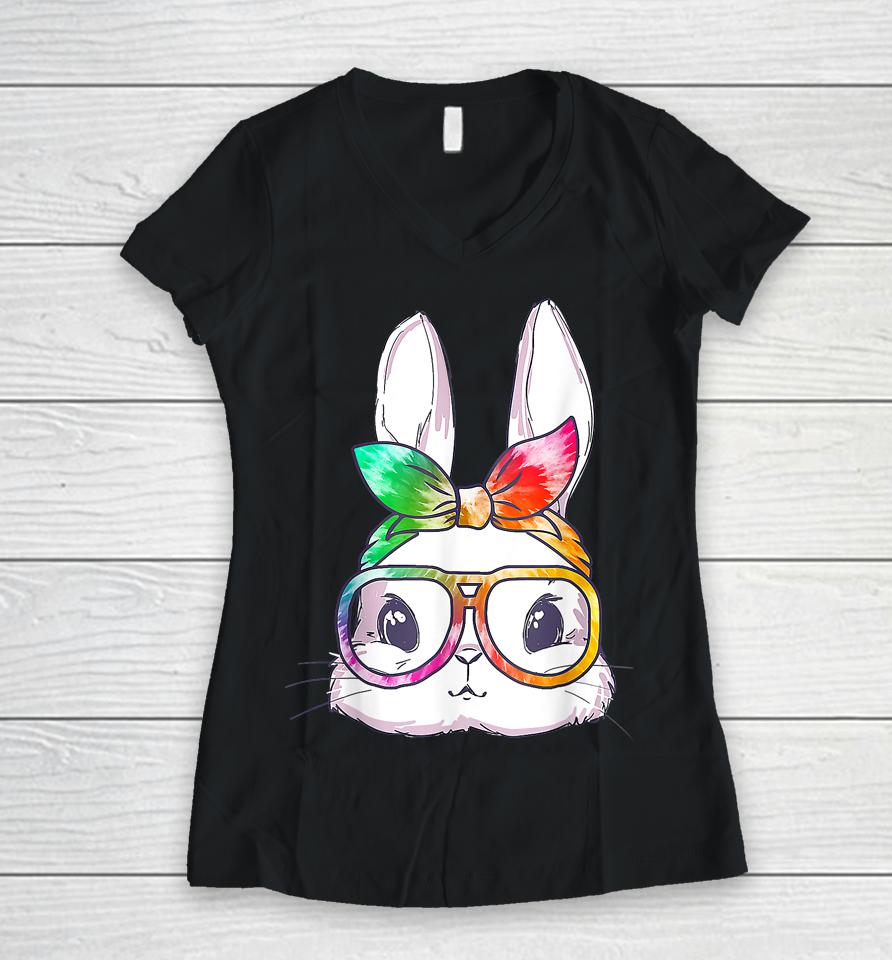 Tie Dye Cute Bunny Rabbit Face Glasses Girl Happy Easter Day Women V-Neck T-Shirt