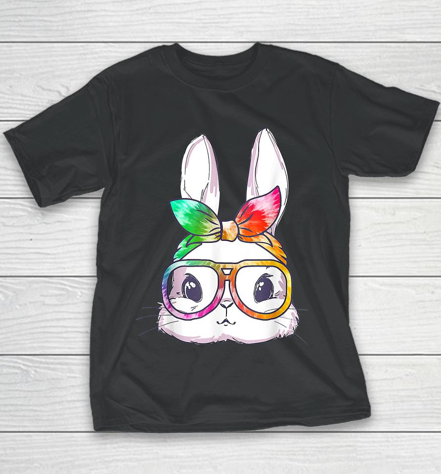 Tie Dye Cute Bunny Rabbit Face Glasses Girl Happy Easter Day Youth T-Shirt