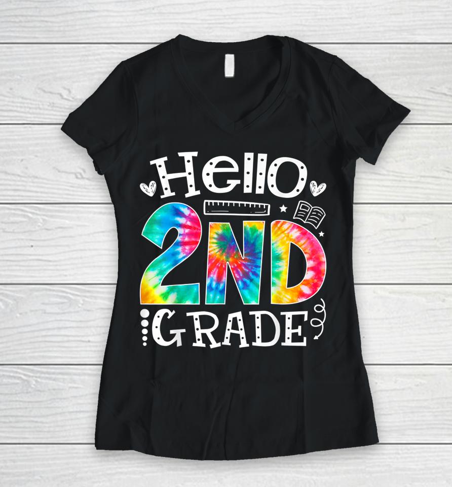 Tie Dye Hello Second 2Nd Grade Teacher First Day Of School Women V-Neck T-Shirt