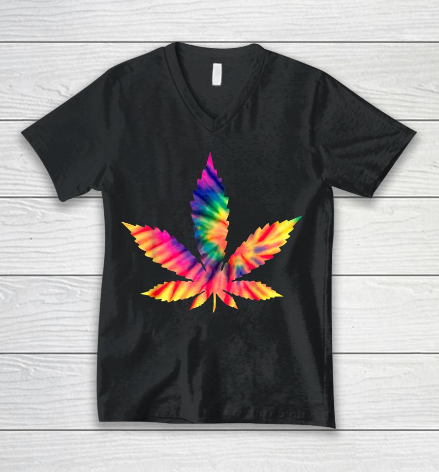 Tie Dye Marijuana Weed Leaf Cannabis Hemp Stoner Pot Smoker Unisex V-Neck T-Shirt