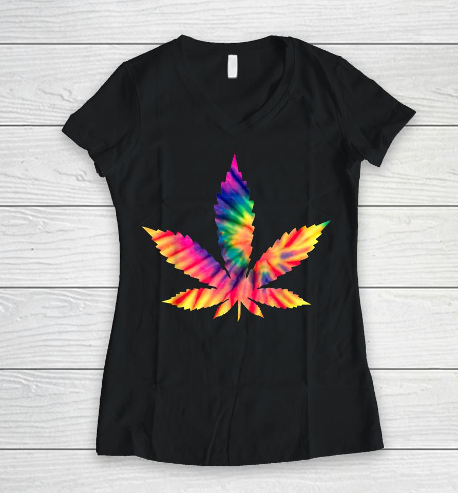 Tie Dye Marijuana Weed Leaf Cannabis Hemp Stoner Pot Smoker Women V-Neck T-Shirt