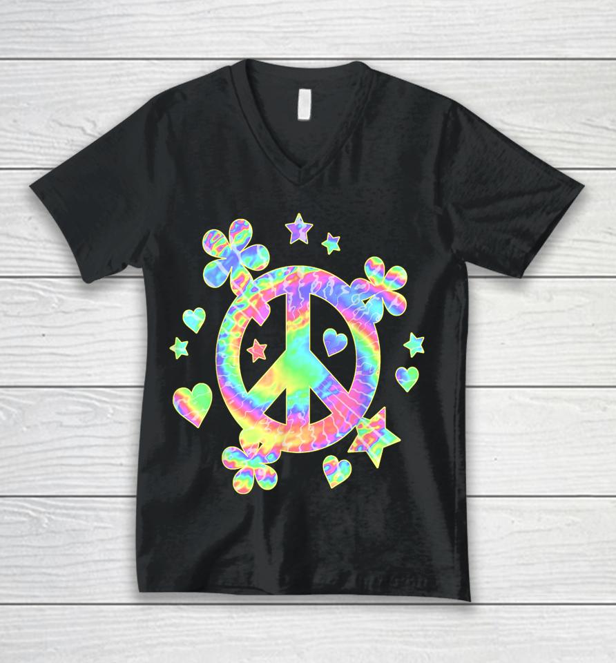 Tie-Dye Peace Sign Cute Love Colorful Tye Dye Hippie Flowers Unisex V-Neck T-Shirt