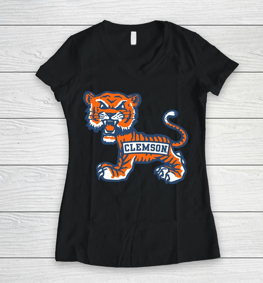 Tigertown Graphics Clemson Big Old School Tiger Women V-Neck T-Shirt