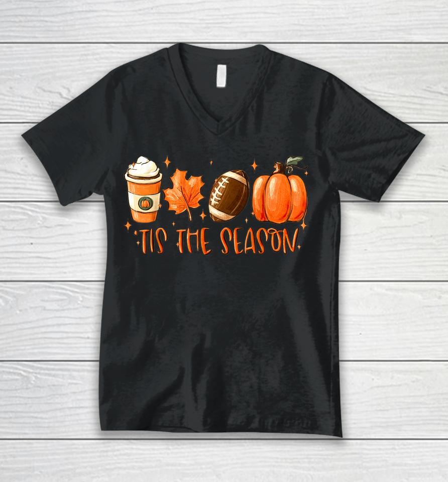 Tis The Season Coffee Fall Football And Halloween Pumpkin Unisex V-Neck T-Shirt