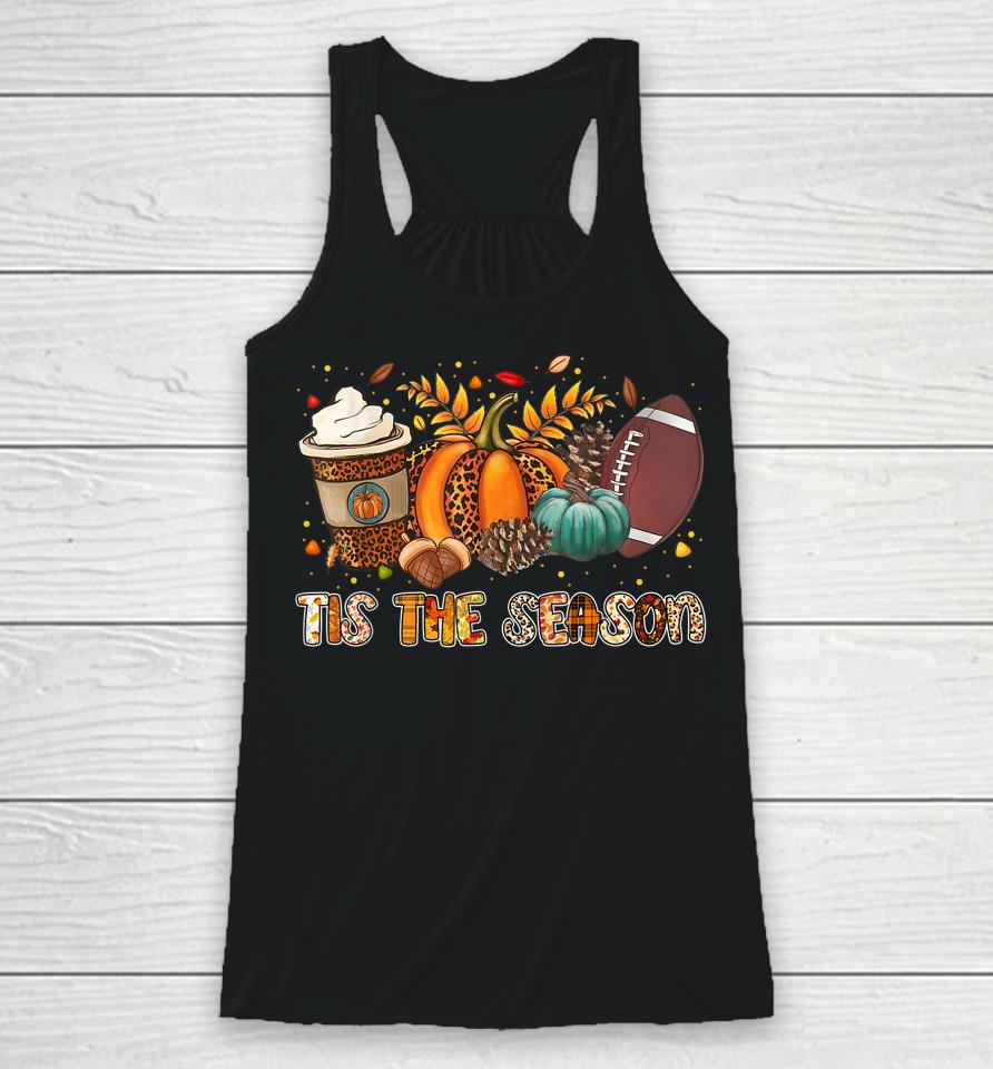 Tis' The Season Leopard Pumpkin Football Halloween Fall Racerback Tank