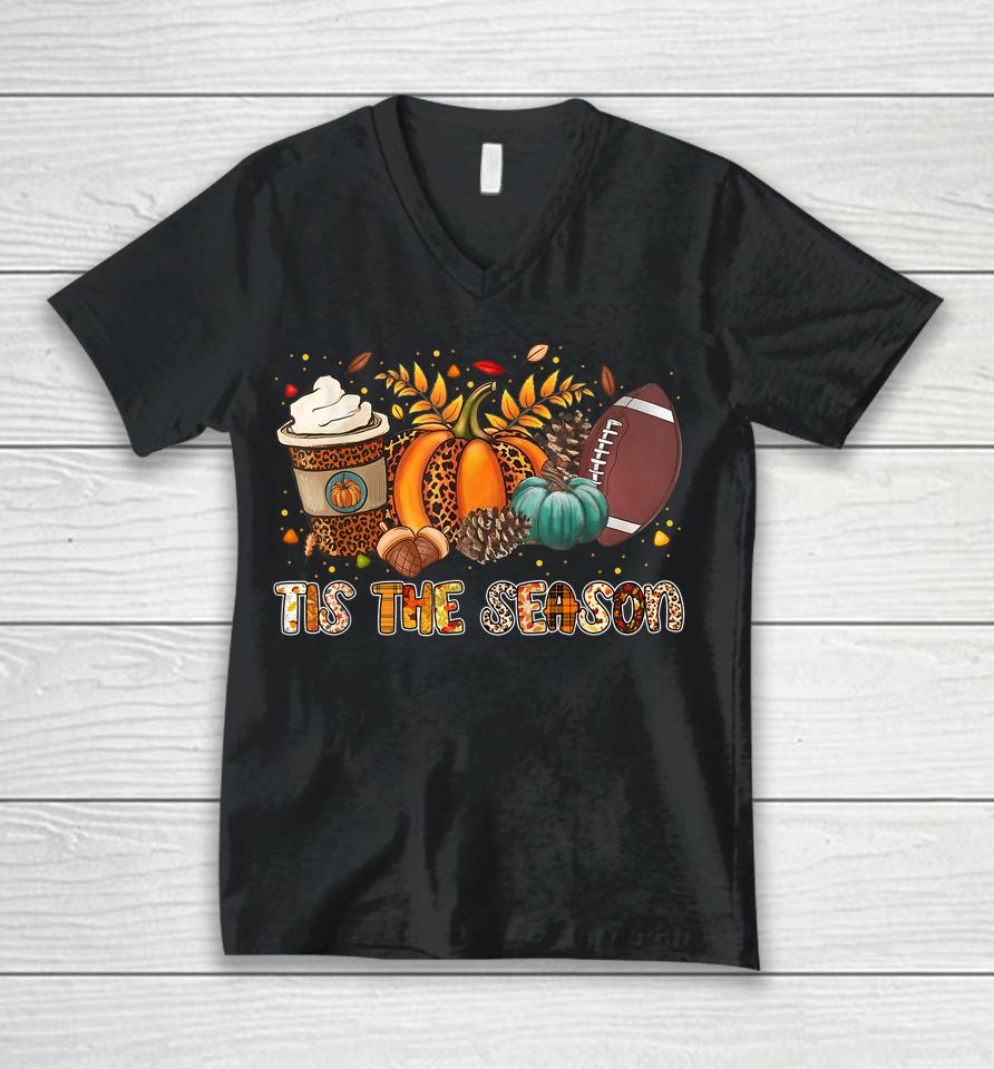 Tis' The Season Leopard Pumpkin Football Halloween Fall Unisex V-Neck T-Shirt