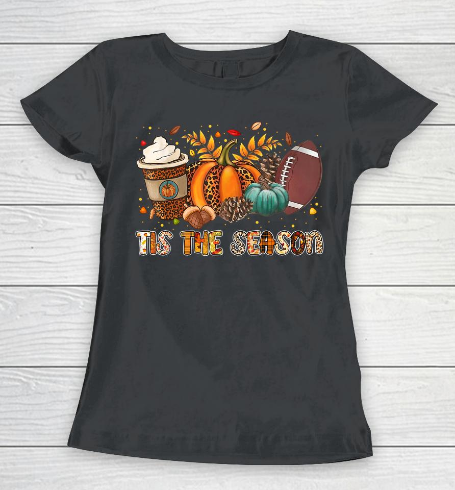 Tis' The Season Leopard Pumpkin Football Halloween Fall Women T-Shirt