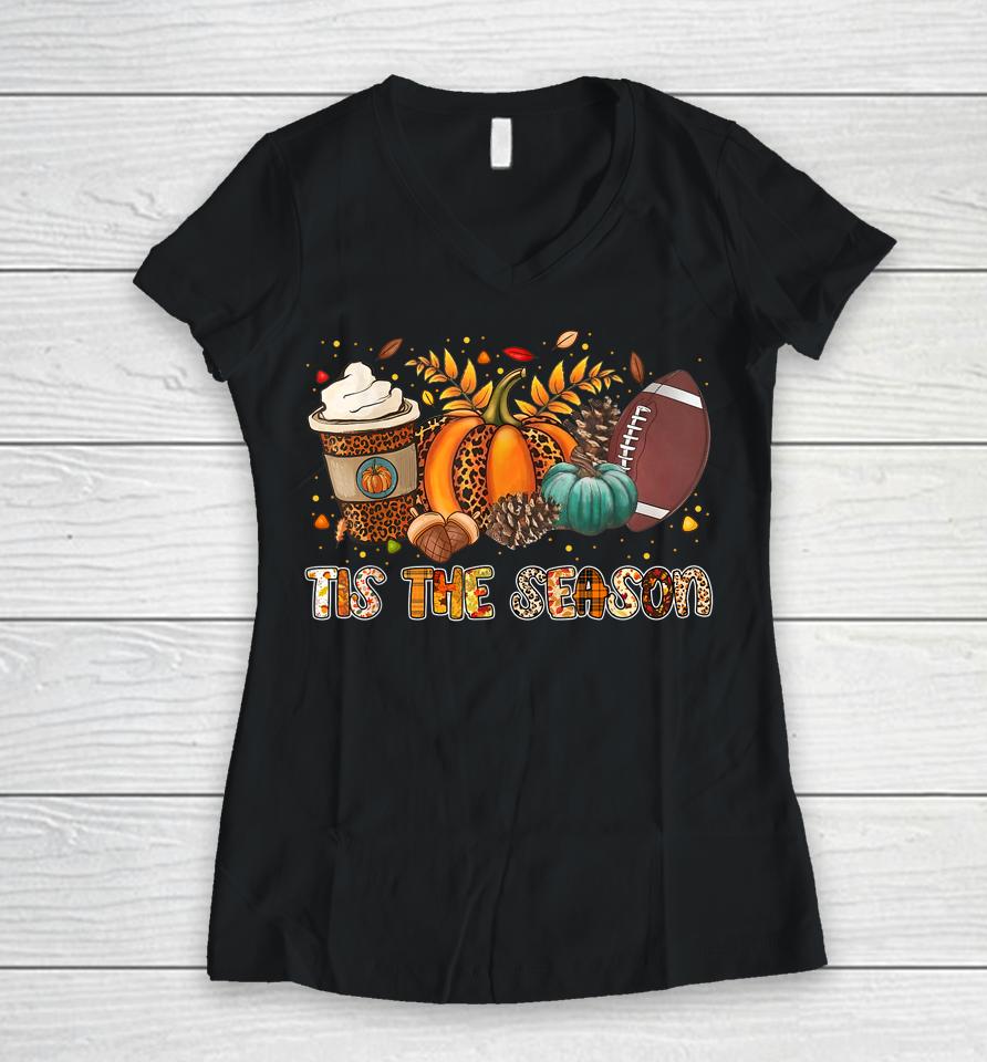 Tis' The Season Leopard Pumpkin Football Halloween Fall Women V-Neck T-Shirt
