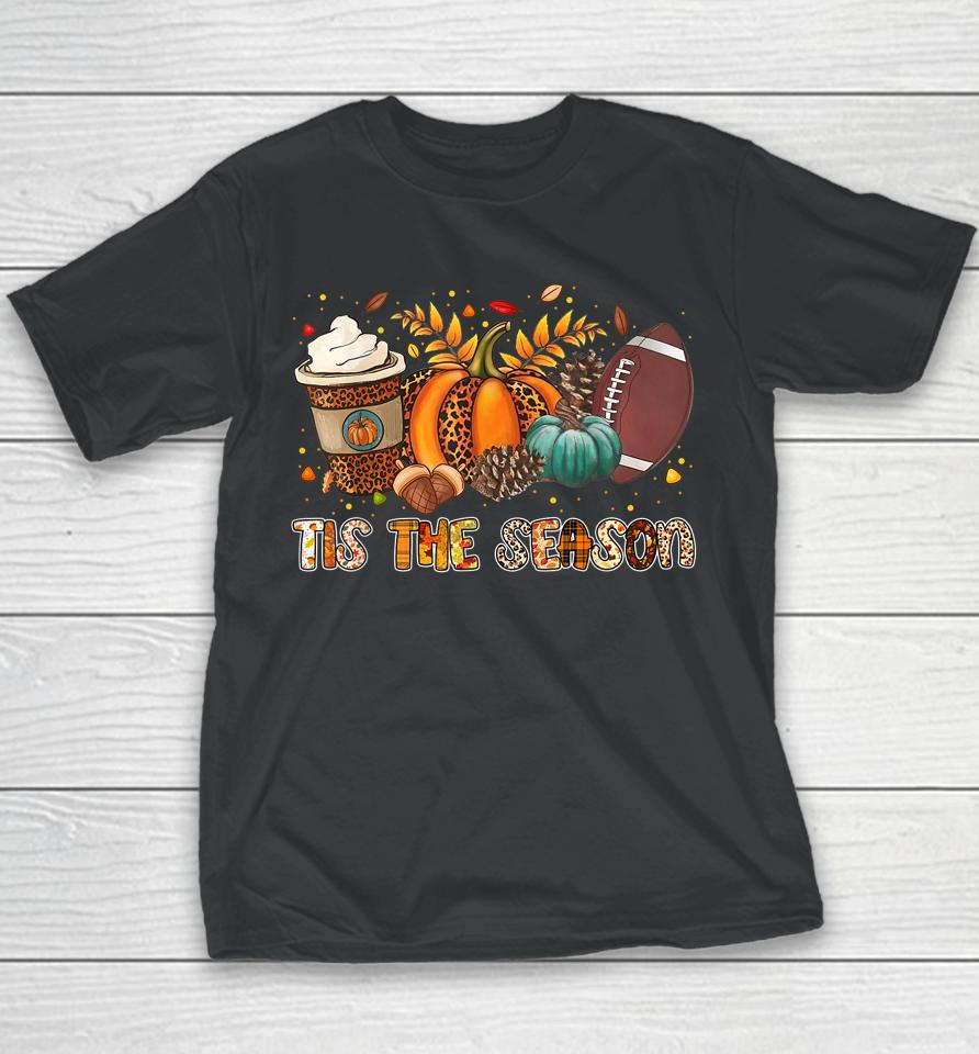 Tis' The Season Leopard Pumpkin Football Halloween Fall Youth T-Shirt