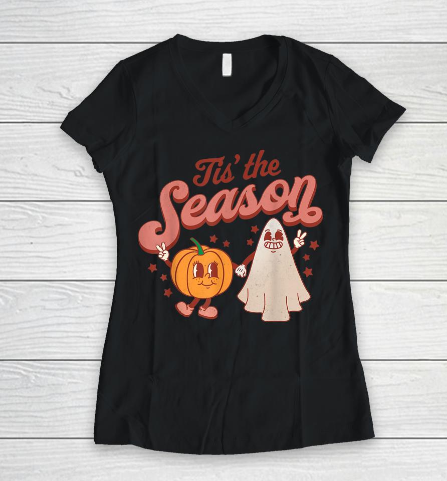 Tis' The Season Pumpkin Boo 60S 70S Hippie Halloween Women V-Neck T-Shirt