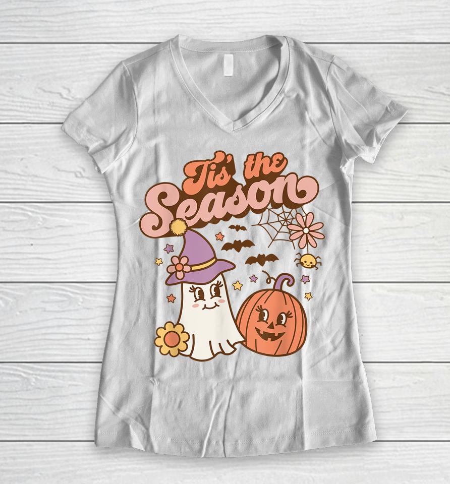 Tis The Season Pumpkin Shirt Spice Fall Autumn Halloween Women V-Neck T-Shirt