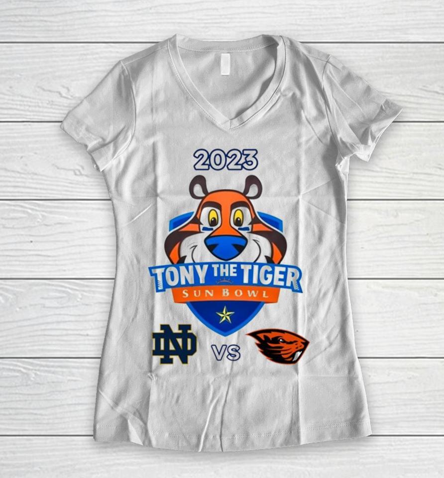 Tony The Tiger Sun Bowl Notre Dame Vs. Oregon State Sun Bowl Stadium El Paso Tx 2023 Women V-Neck T-Shirt