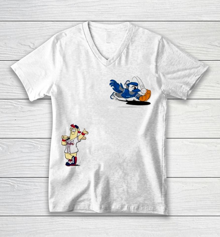 Toronto Blue Jays Vs Atlanta Braves Mlb 2024 Mascot Cartoon Baseball Unisex V-Neck T-Shirt