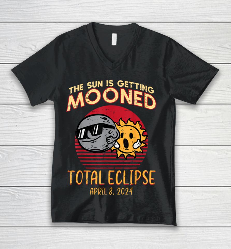 Total Eclipse Sun Getting Mooned April 8 2024 Men Women Kids Unisex V-Neck T-Shirt