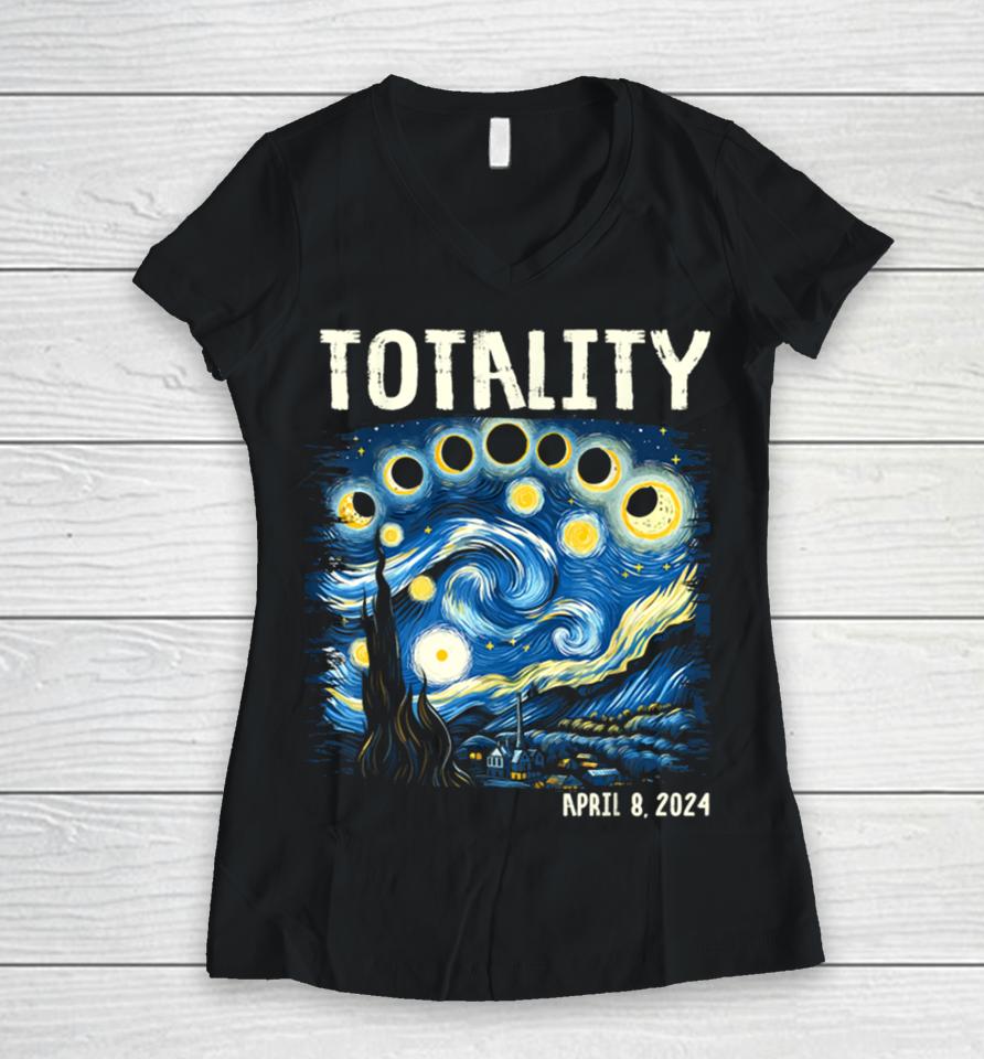 Total Solar Eclipse 2024 4.08.24 Starry Night Painting Women V-Neck T-Shirt
