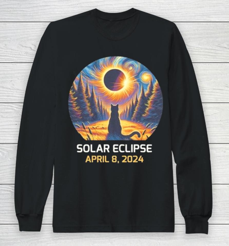 Total Solar Eclipse 2024 Astronaut Moon Painting Black Cat Eclipse Viewing Souvenir Long Sleeve T-Shirt