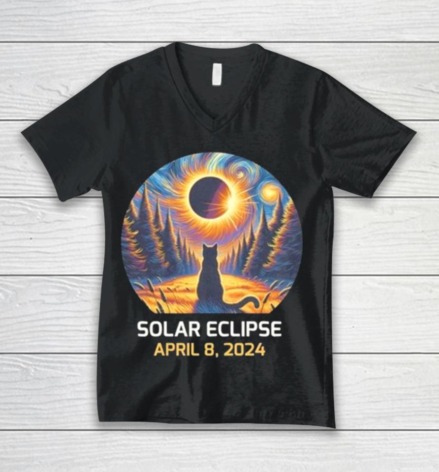 Total Solar Eclipse 2024 Astronaut Moon Painting Black Cat Eclipse Viewing Souvenir Unisex V-Neck T-Shirt