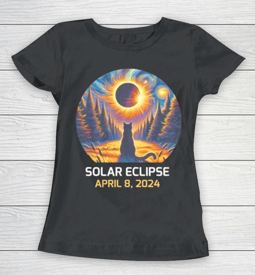 Total Solar Eclipse 2024 Astronaut Moon Painting Black Cat Eclipse Viewing Souvenir Women T-Shirt