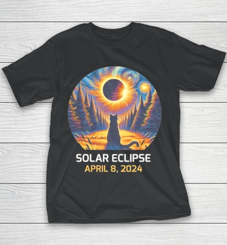 Total Solar Eclipse 2024 Astronaut Moon Painting Black Cat Eclipse Viewing Souvenir Youth T-Shirt