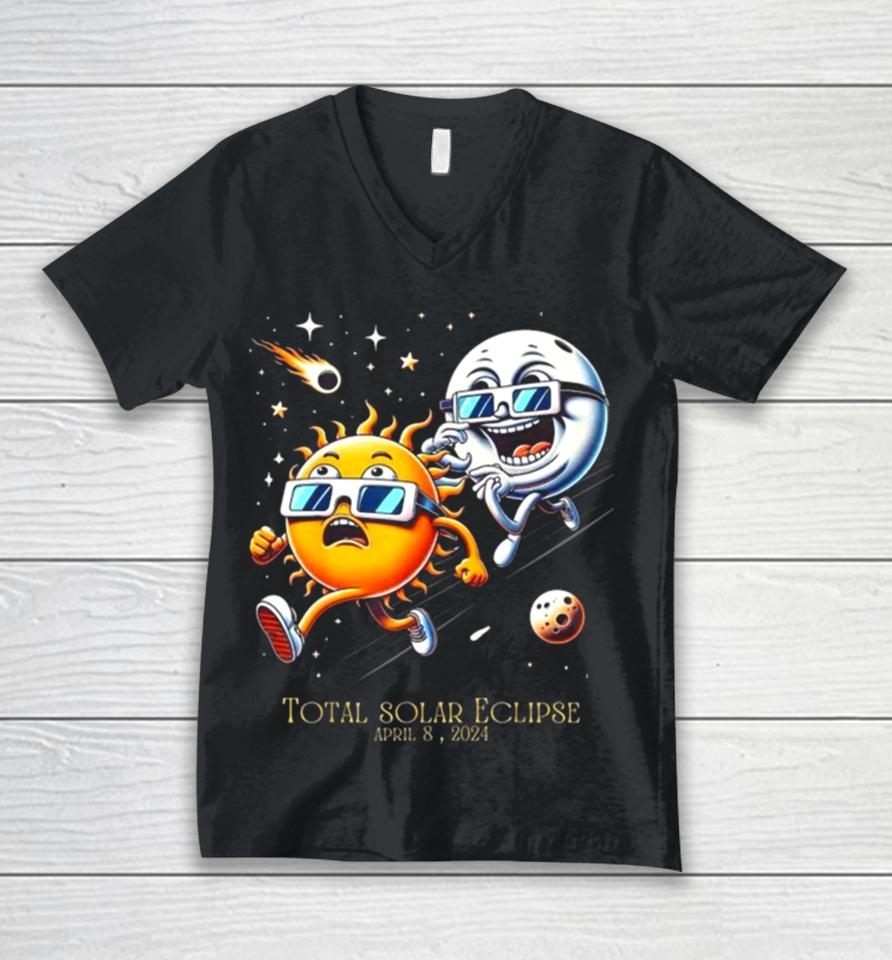 Total Solar Eclipse 8 4 2024 Sun Flees Moon Eclipse Chase Unisex V-Neck T-Shirt