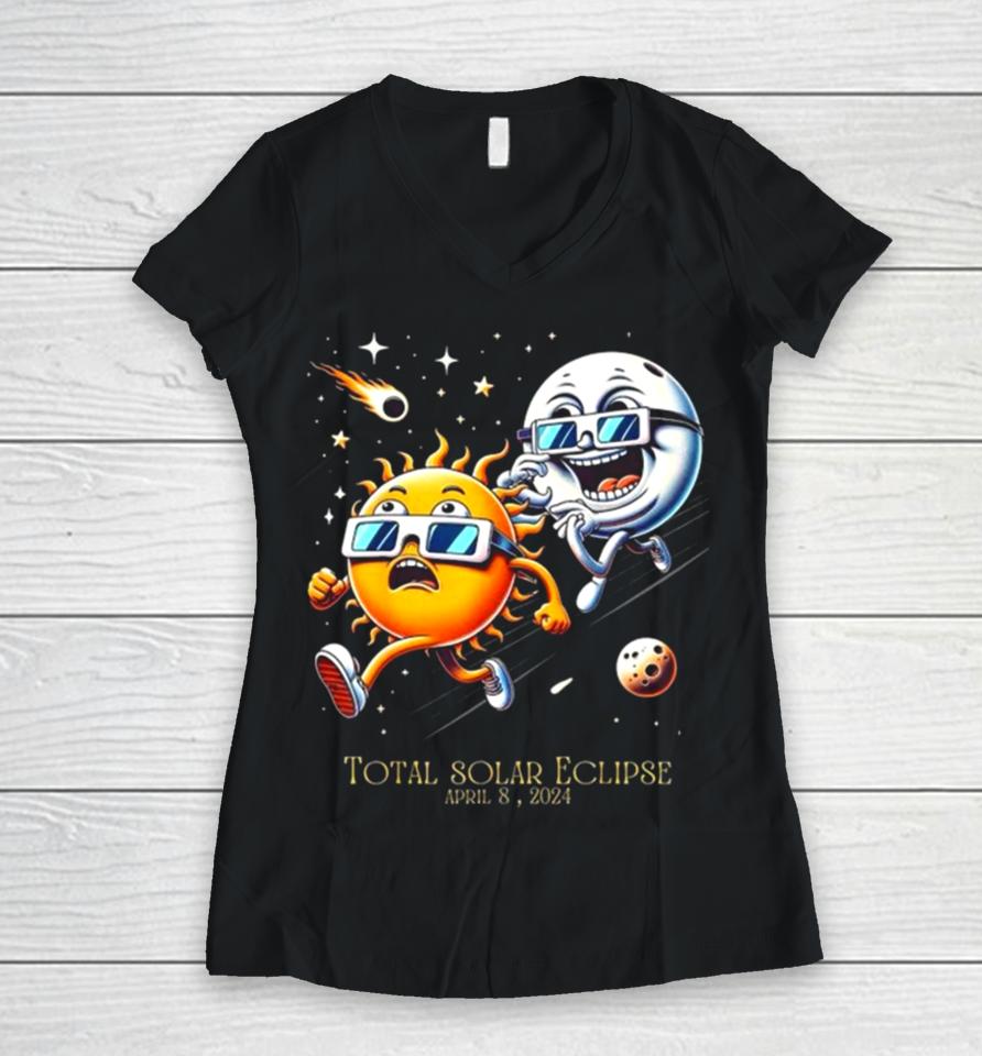 Total Solar Eclipse 8 4 2024 Sun Flees Moon Eclipse Chase Women V-Neck T-Shirt