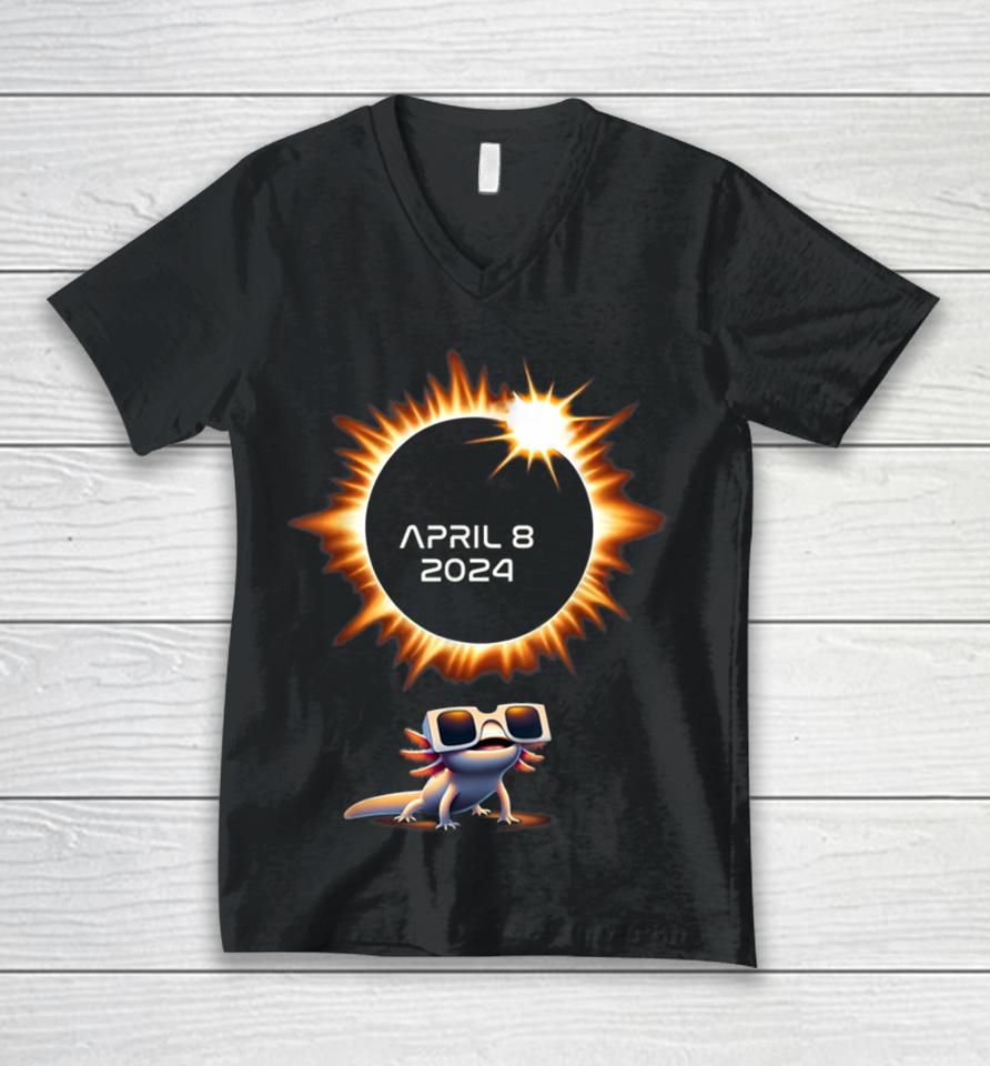Total Solar Eclipse Ts 2024 April 8 Axolotl In Glasses Unisex V-Neck T-Shirt