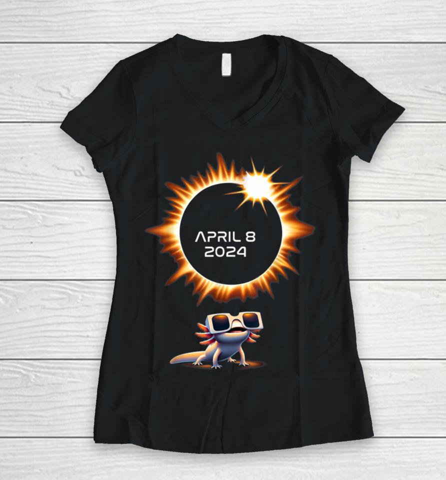 Total Solar Eclipse Ts 2024 April 8 Axolotl In Glasses Women V-Neck T-Shirt
