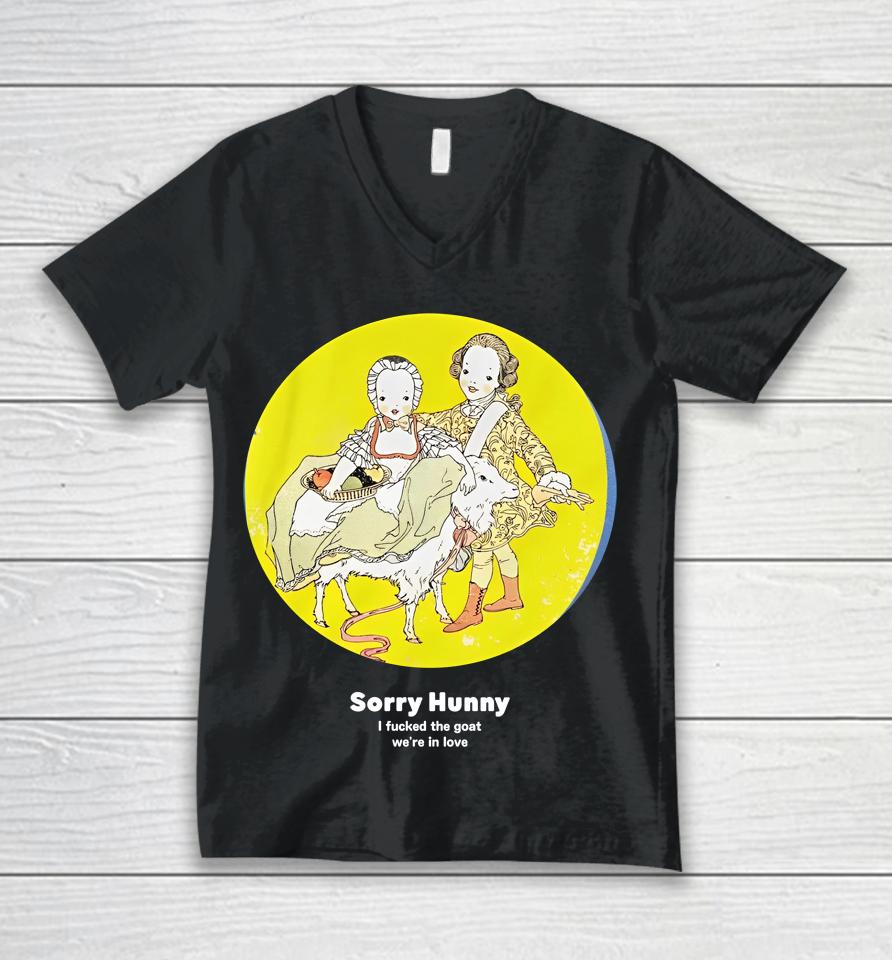 Translatedtees Merch Sorry Hunney I Fucked The Goat We're In Love Unisex V-Neck T-Shirt