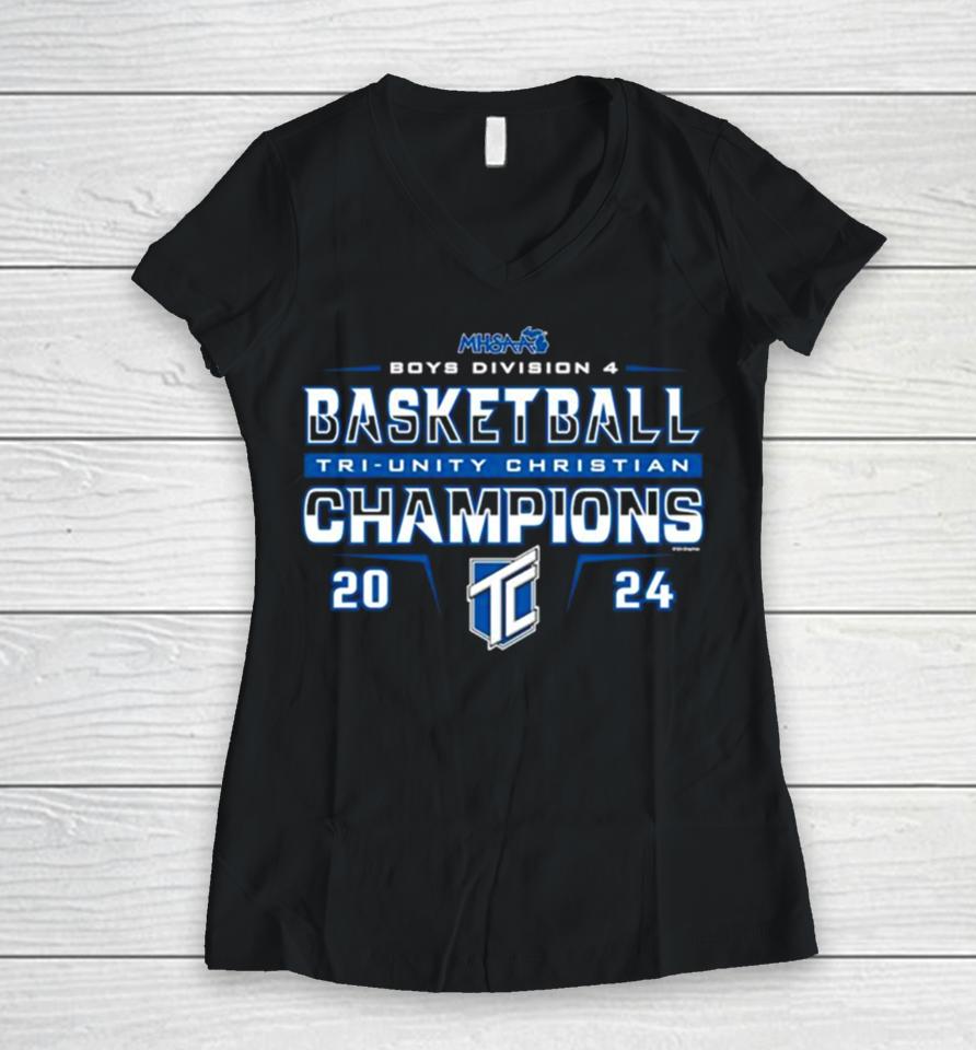 Tri Unity Christian 2024 Mhsaa Boys Basketball D4 Champions Women V-Neck T-Shirt