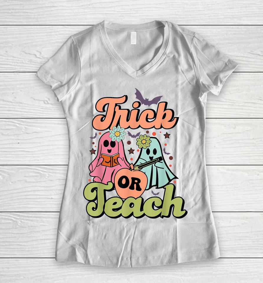 Trick Or Teach Halloween Women V-Neck T-Shirt