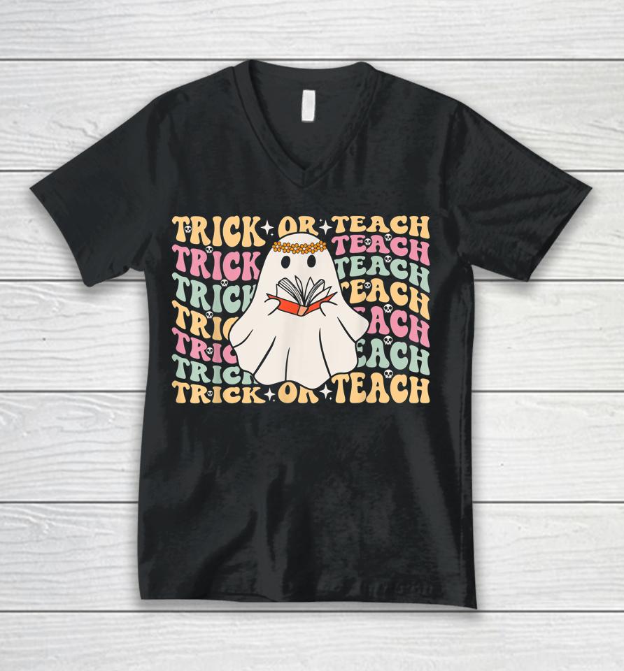 Trick Or Teach Teacher Retro Vintage Groovy Ghost Halloween Unisex V-Neck T-Shirt