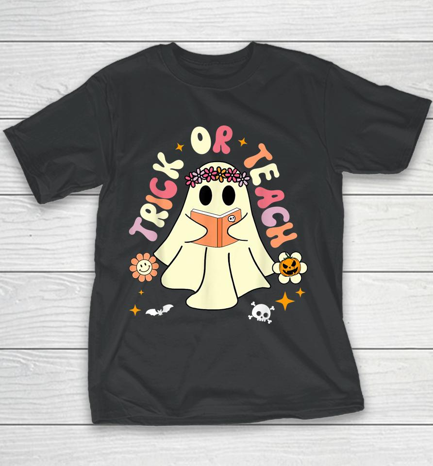 Trick Or Teach Teacher Retro Vintage Groovy Ghost Halloween Youth T-Shirt