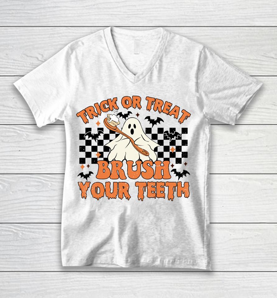 Trick Or Treat Brush Your Teeth Dental Halloween Ghosh Funny Unisex V-Neck T-Shirt