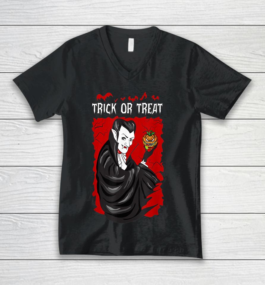 Trick Or Treat Vampire Dracula Pumpkin Head Unisex V-Neck T-Shirt