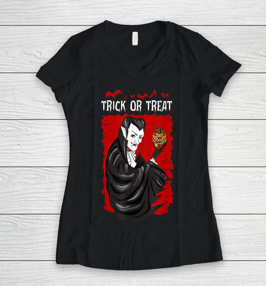 Trick Or Treat Vampire Dracula Pumpkin Head Women V-Neck T-Shirt