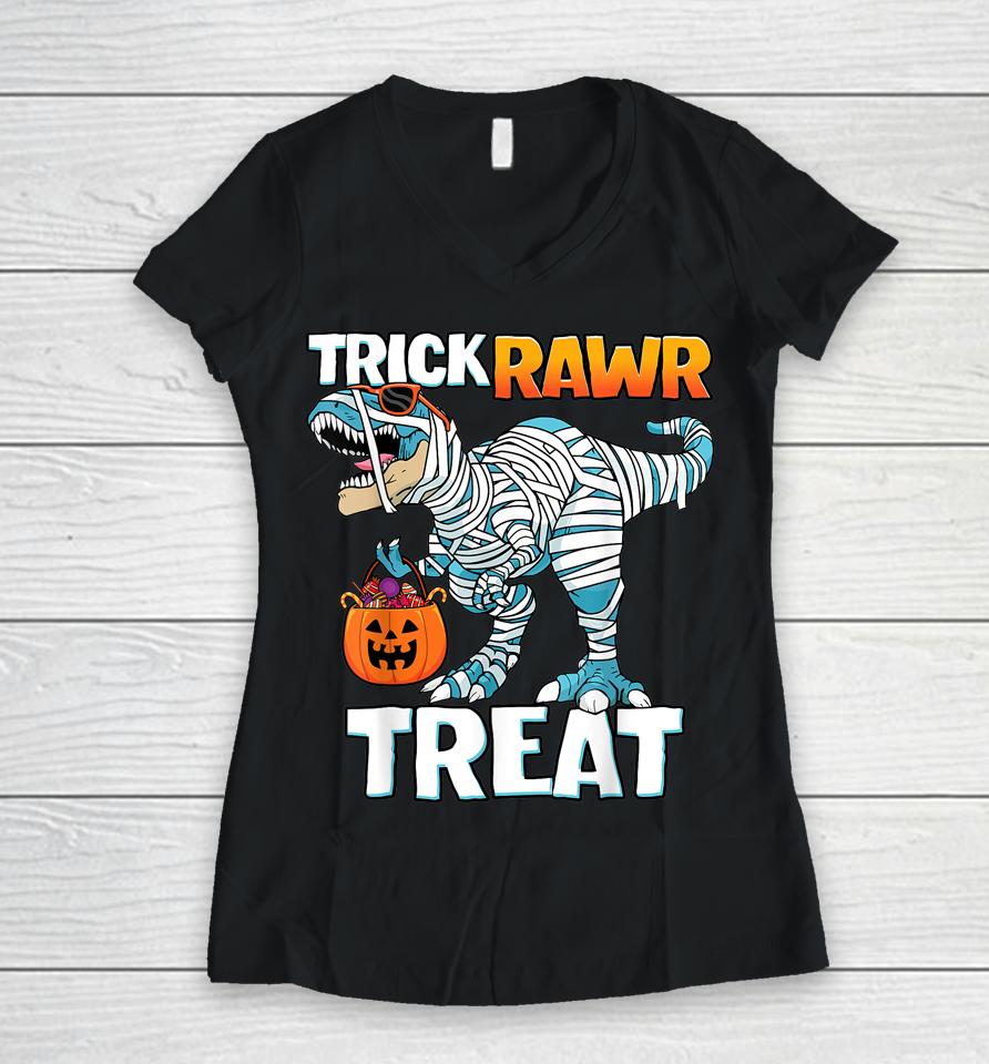 Trick Rawr Treat Halloween T-Rex Dinosaur Women V-Neck T-Shirt