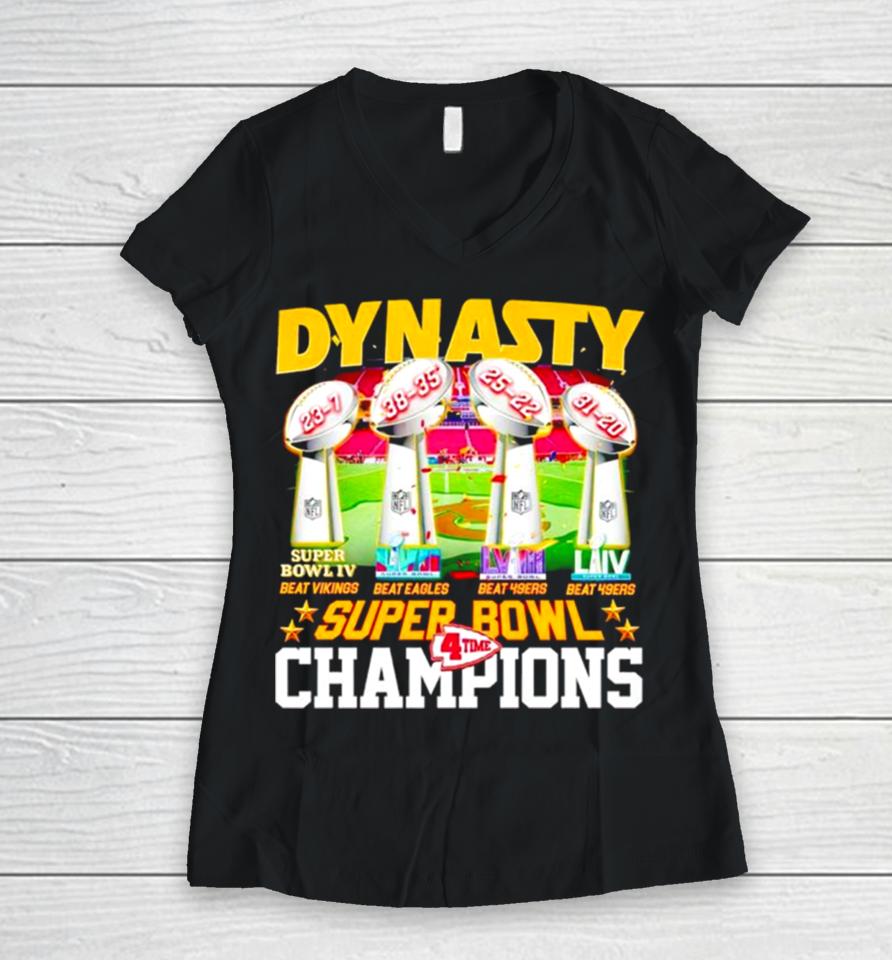 Trophies Dynasty Super Bowl Champions 4 Time Women V-Neck T-Shirt