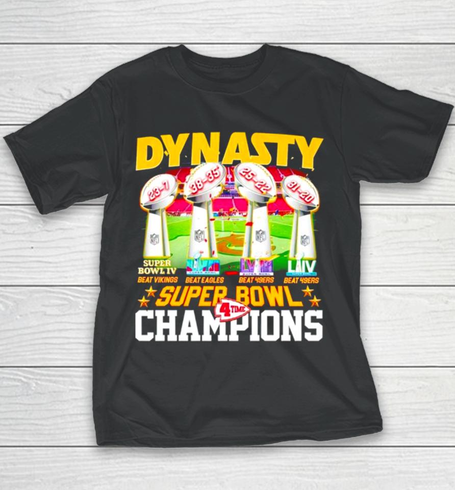 Trophies Dynasty Super Bowl Champions 4 Time Youth T-Shirt