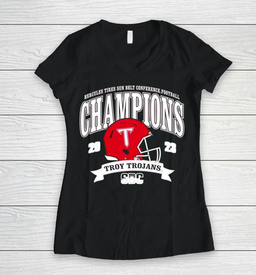 Troy Trojans 2023 Hercules Tires Sun Belt Conference Football Champions Women V-Neck T-Shirt