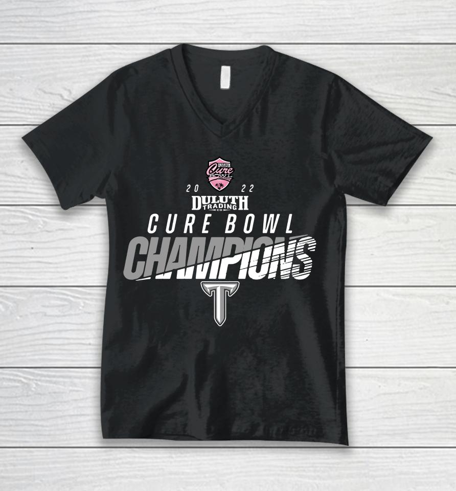 Troy Trojans Football 2022 Duluth Trading Cure Bowl Champions Unisex V-Neck T-Shirt