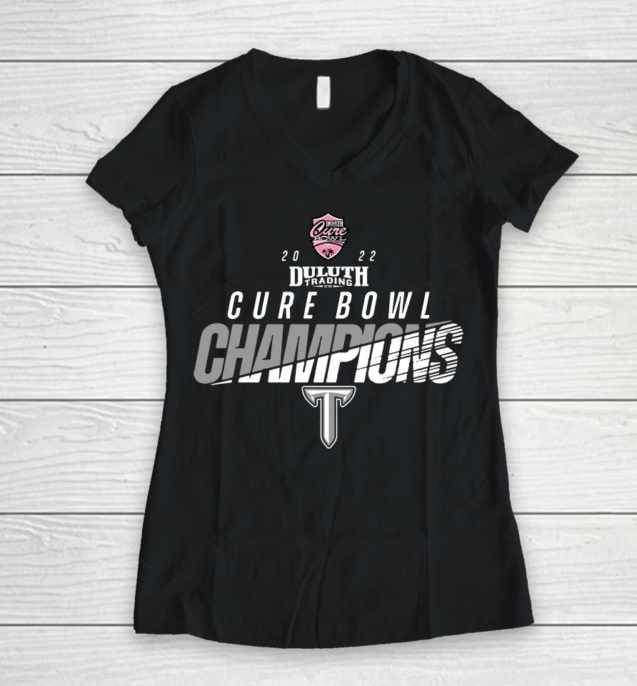 Troy Trojans Football 2022 Duluth Trading Cure Bowl Champions Women V-Neck T-Shirt