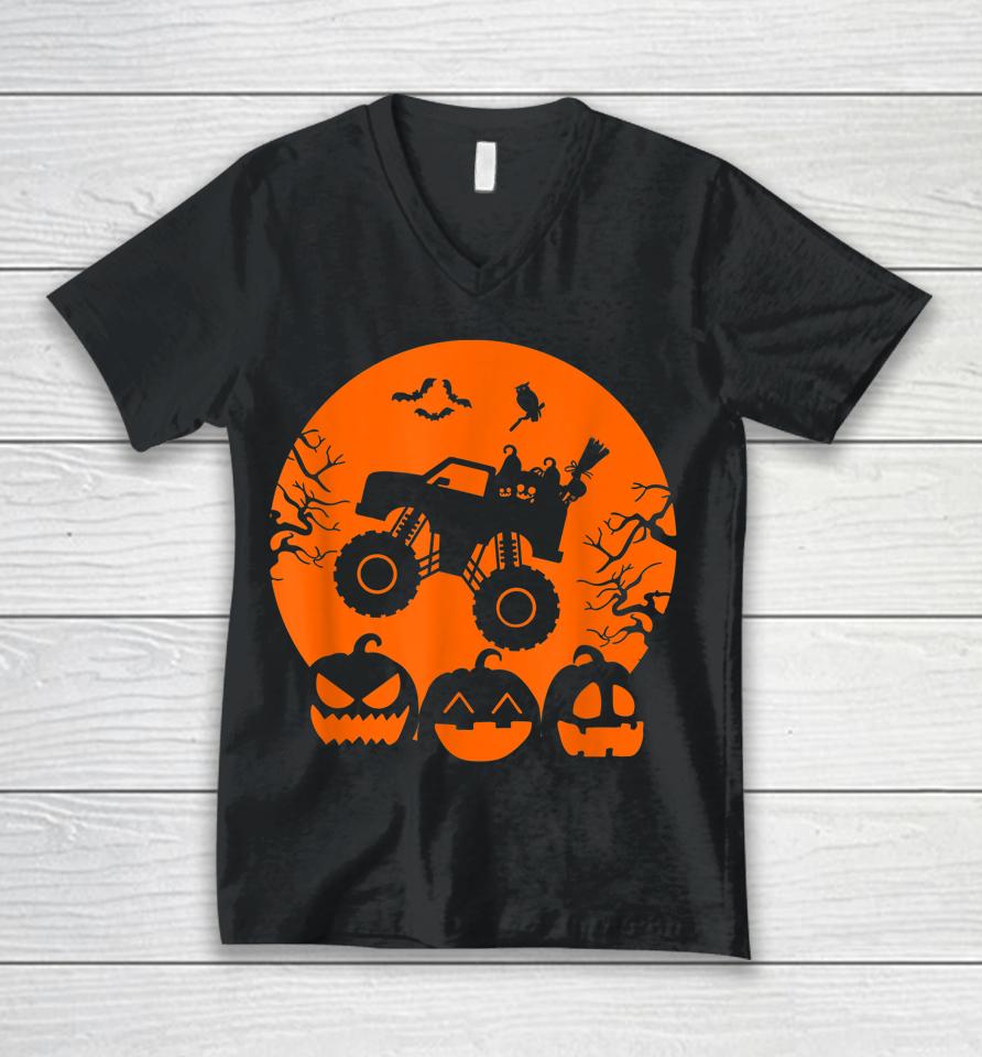 Truck Or Treat Skeleton Monster Truck Moon Candy Halloween Unisex V-Neck T-Shirt