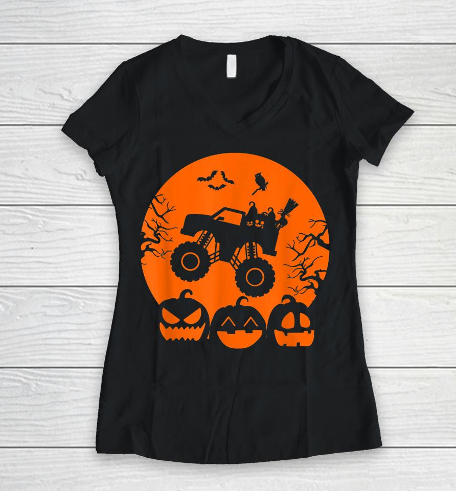 Truck Or Treat Skeleton Monster Truck Moon Candy Halloween Women V-Neck T-Shirt