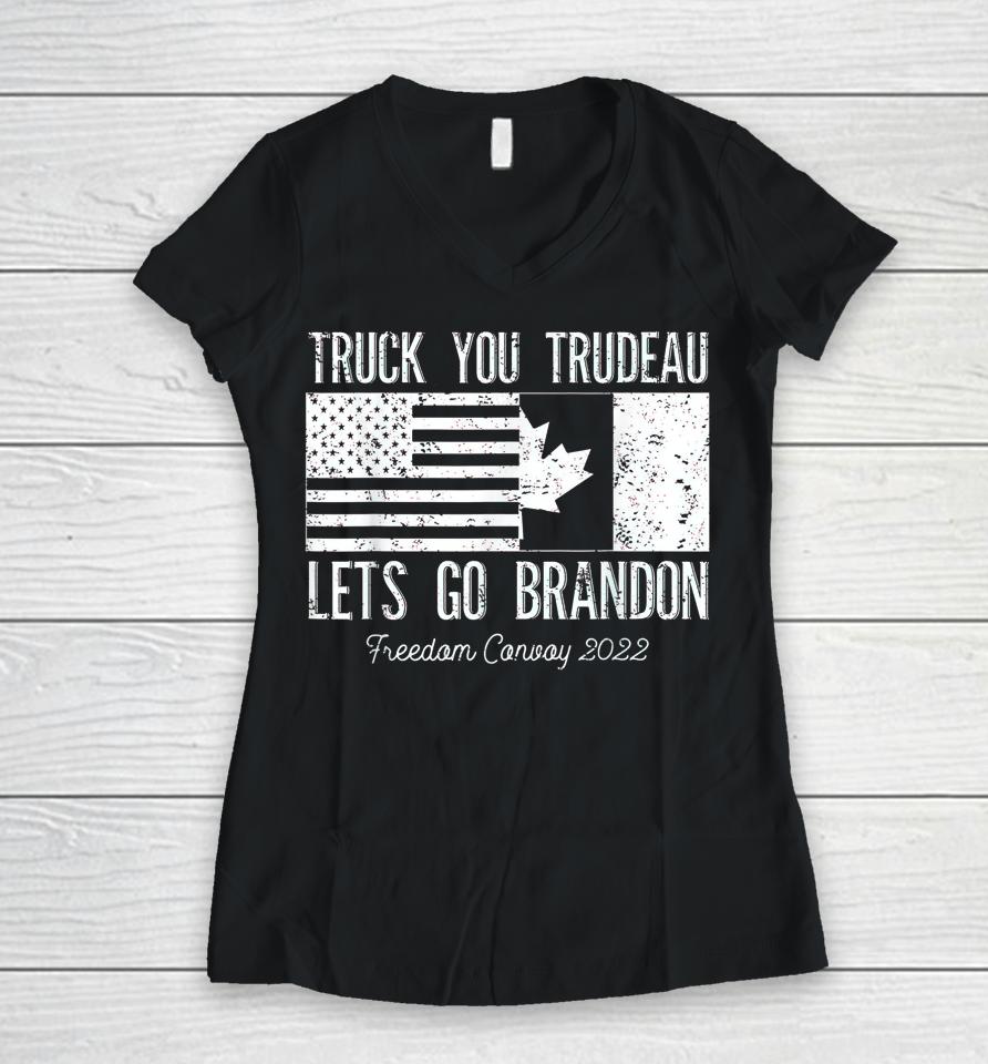 Truck You Trudeau Usa Canada Flag Truckers Vintage Women V-Neck T-Shirt