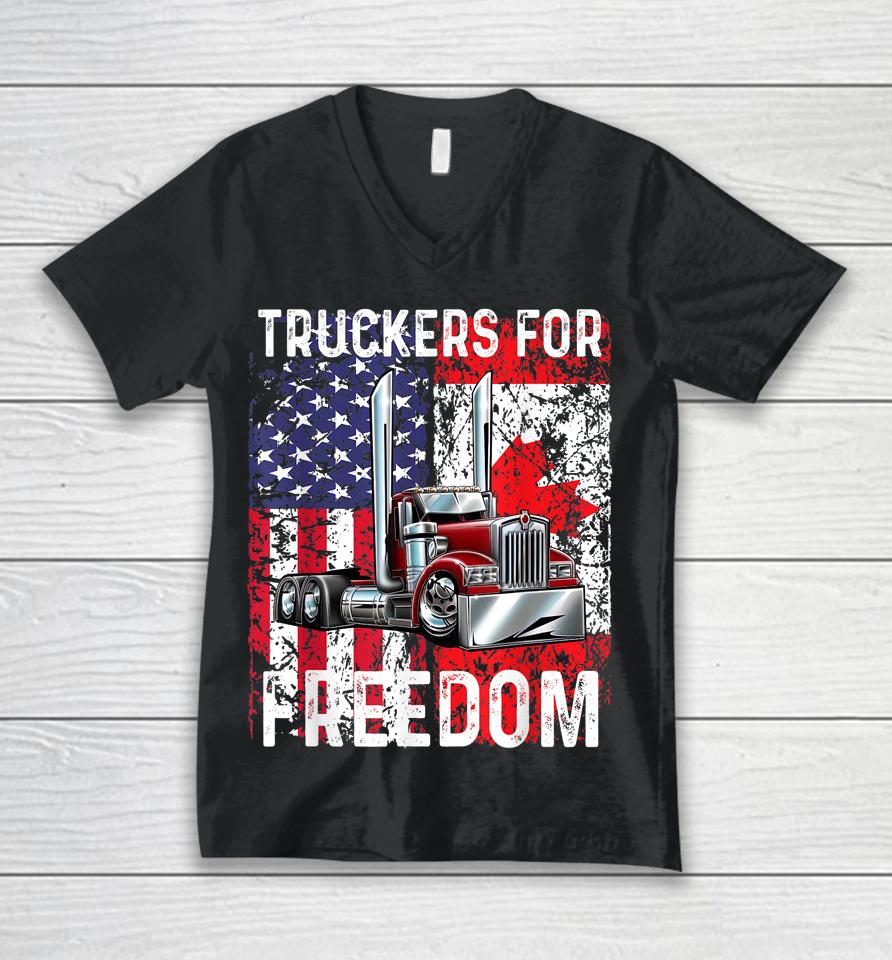 Trucker For Freedom Convoy 2022 American Canadian Flag Unisex V-Neck T-Shirt