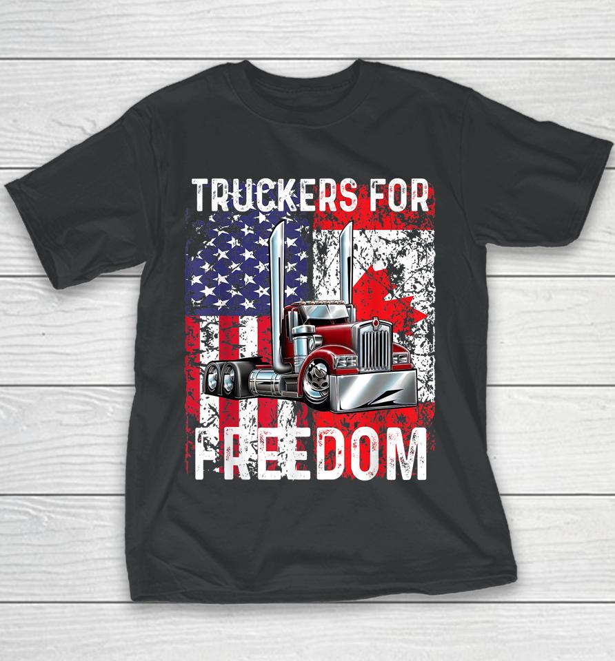 Trucker For Freedom Convoy 2022 American Canadian Flag Youth T-Shirt