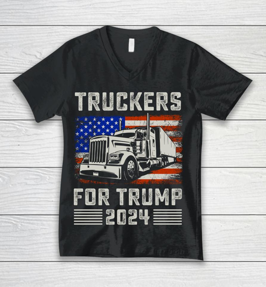 Truckers For Trump American Flag Shirt Trump 2024 Vintage Unisex V-Neck T-Shirt